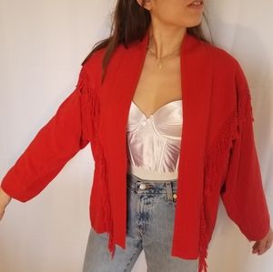 Vintage Red Fringed Cardigan Hand Woven Morocco